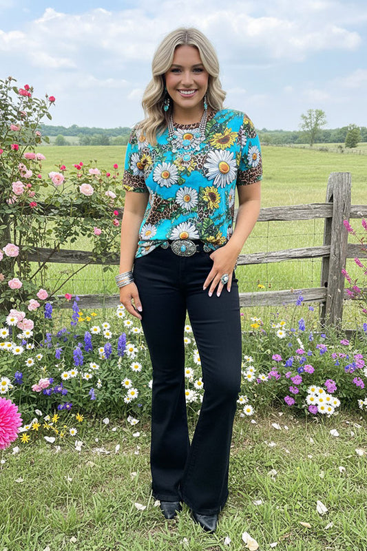 Western flower & leopard turquoise short sleeve women's top BQ12450