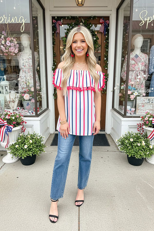 Women clothing wholesale 4th July Stripe printed off shoulder women tops with pompoms BQ13343