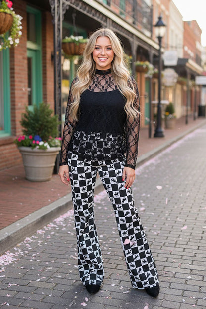 Southern Stitch Black floral lace long sleeve sheer women top XCH17075