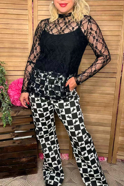 Southern Stitch Black floral lace long sleeve sheer women top XCH17075