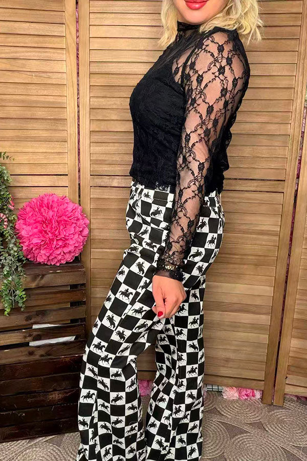 Southern Stitch Black floral lace long sleeve sheer women top XCH17075