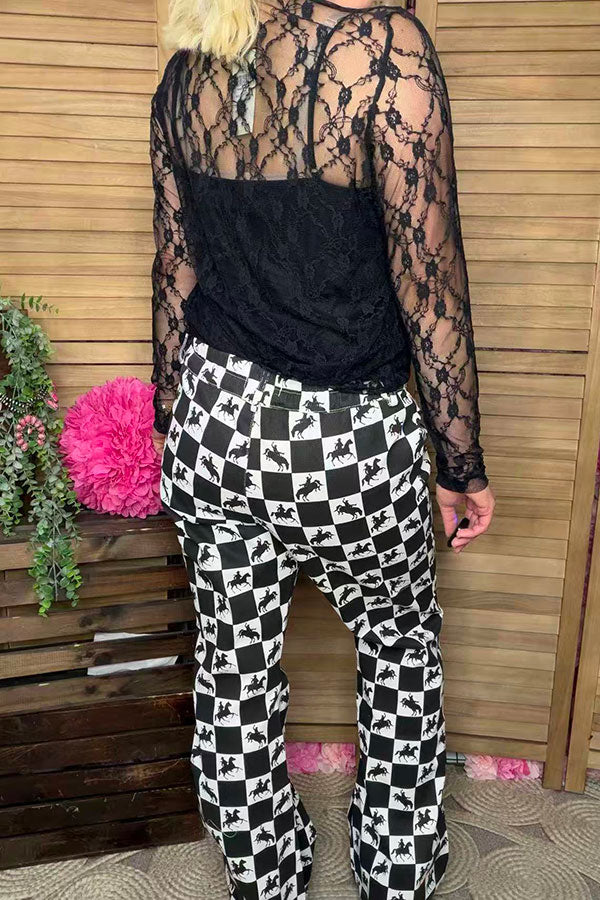 Southern Stitch Black floral lace long sleeve sheer women top XCH17075