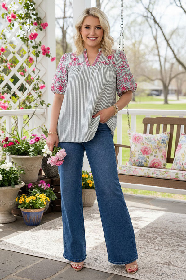 Southern Stitch Floral embroidery baby doll short sleeve women top XCH16737