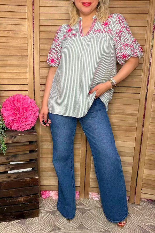 Southern Stitch Floral embroidery baby doll short sleeve women top XCH16737