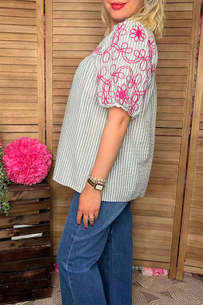 Southern Stitch Floral embroidery baby doll short sleeve women top XCH16737