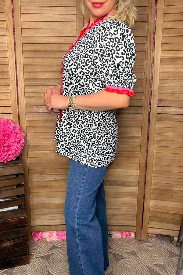 Southern Stitch Leopard printed ruffle short sleeve women top XCH16847