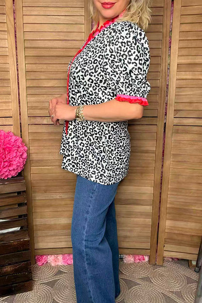 Southern Stitch Leopard printed ruffle short sleeve women top XCH16847
