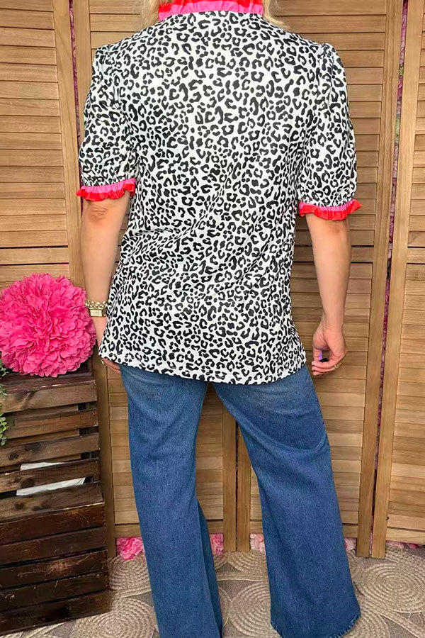 Southern Stitch Leopard printed ruffle short sleeve women top XCH16847