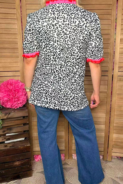 Southern Stitch Leopard printed ruffle short sleeve women top XCH16847