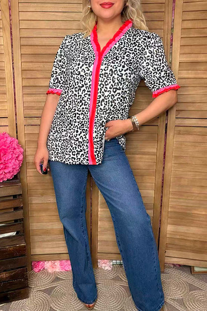 Southern Stitch Leopard printed ruffle short sleeve women top XCH16847