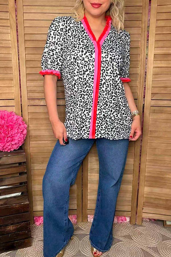 Southern Stitch Leopard printed ruffle short sleeve women top XCH16847