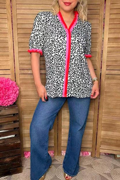 Southern Stitch Leopard printed ruffle short sleeve women top XCH16847