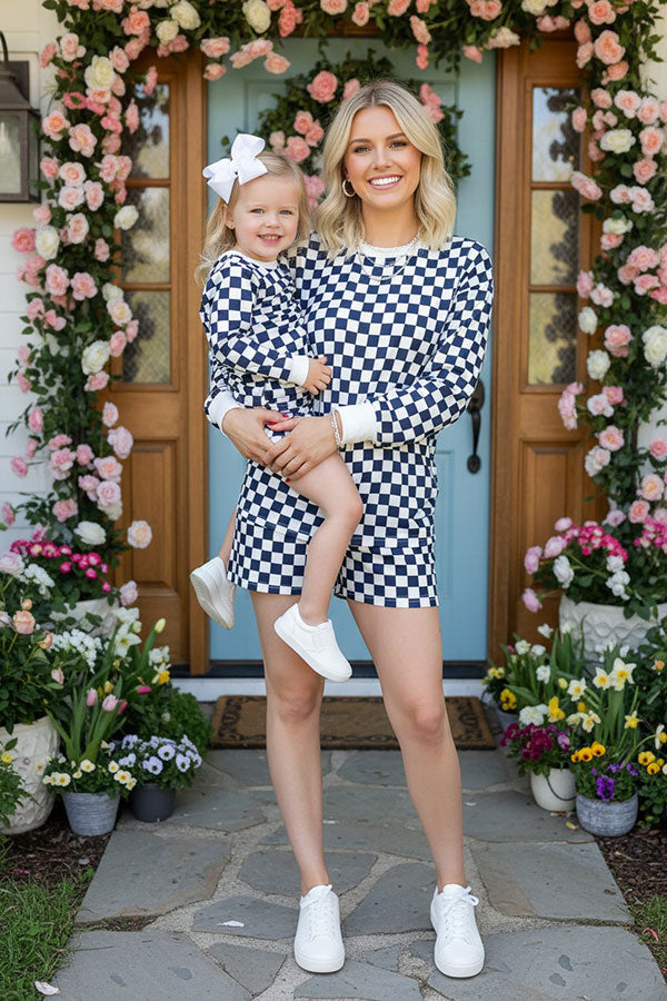 Navy blue checkered long sleeve top & Shorts 2pc girls set XCH04055