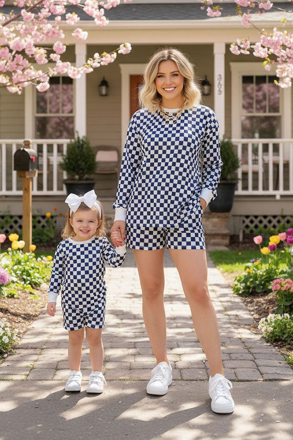 Southern Stitch Mom and me navy blue checkered 2pcs women's sets XCH17044