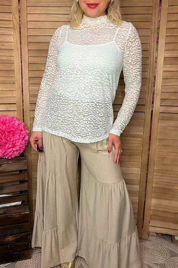 Southern Stitch White leopard lace long sleeve sheer women top XCH17074