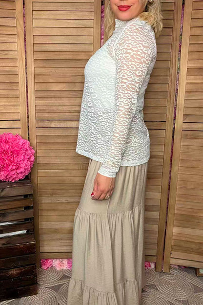 Southern Stitch White leopard lace long sleeve sheer women top XCH17074