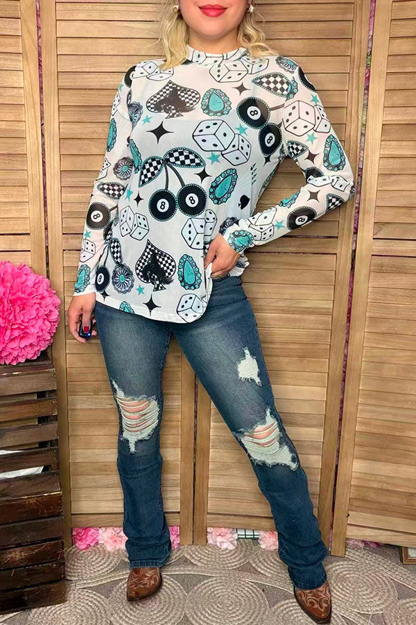 Southern Stitch Vegas print long sleeve sheer women top XCH17071