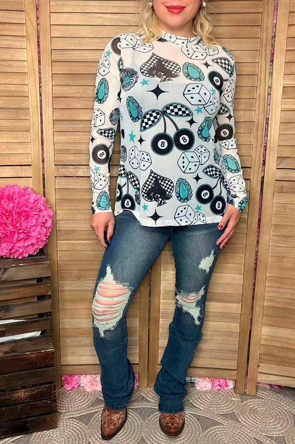 Southern Stitch Vegas print long sleeve sheer women top XCH17071