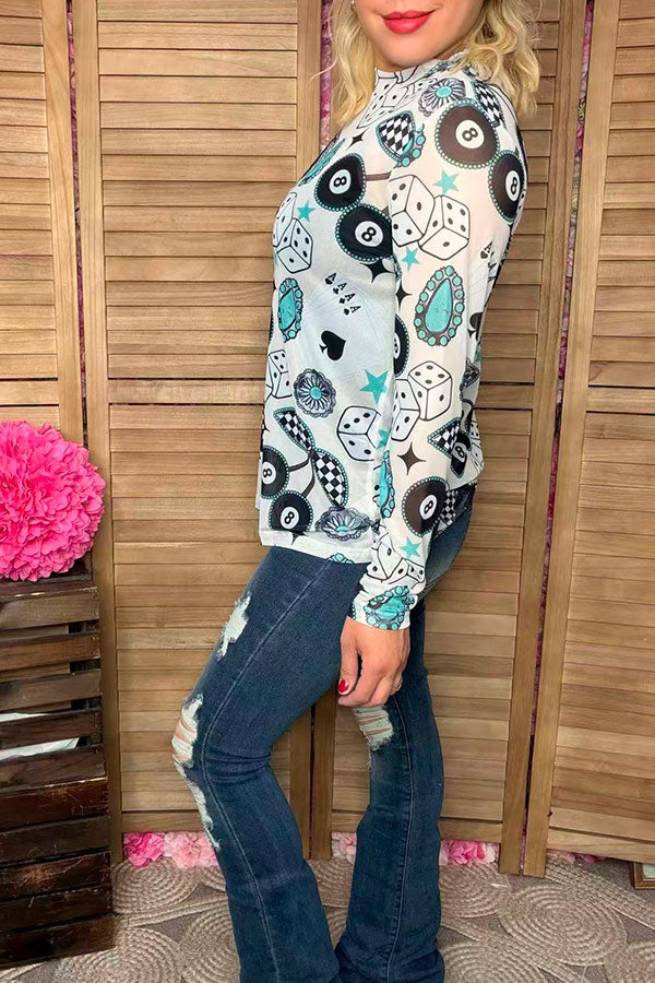 Southern Stitch Vegas print long sleeve sheer women top XCH17071