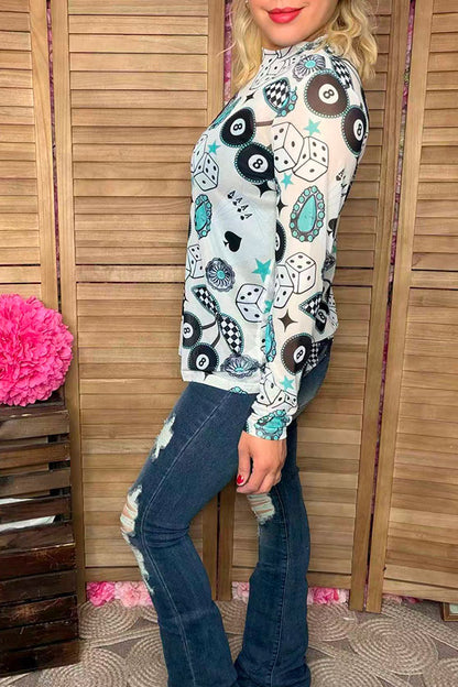 Southern Stitch Vegas print long sleeve sheer women top XCH17071