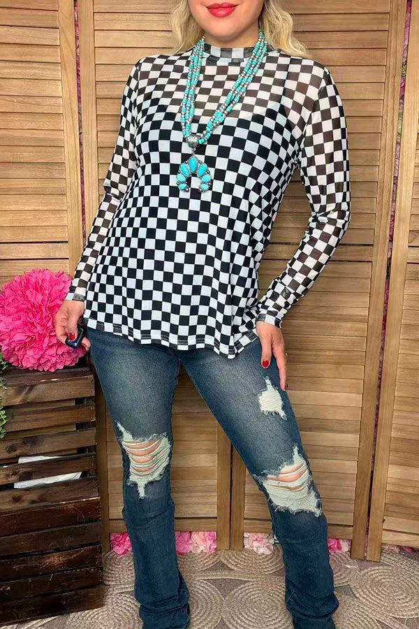 Southern Stitch Checkered print long sleeve sheer women top XCH17036