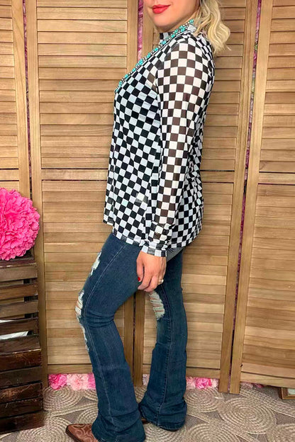 Southern Stitch Checkered print long sleeve sheer women top XCH17036
