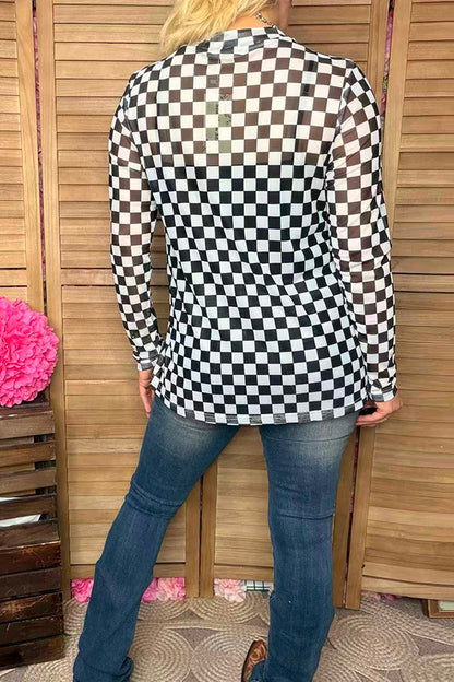 Southern Stitch Checkered print long sleeve sheer women top XCH17036
