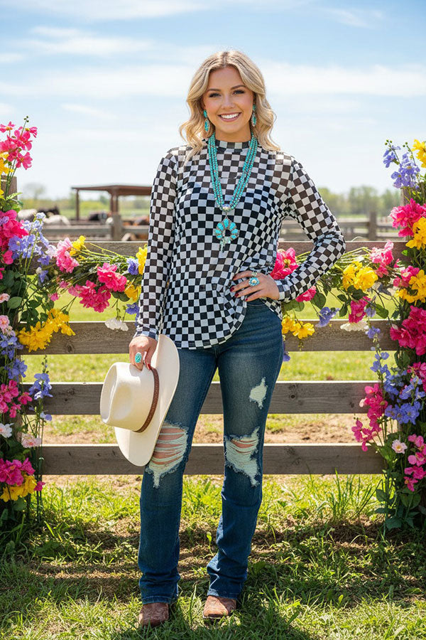 Southern Stitch Checkered print long sleeve sheer women top XCH17036