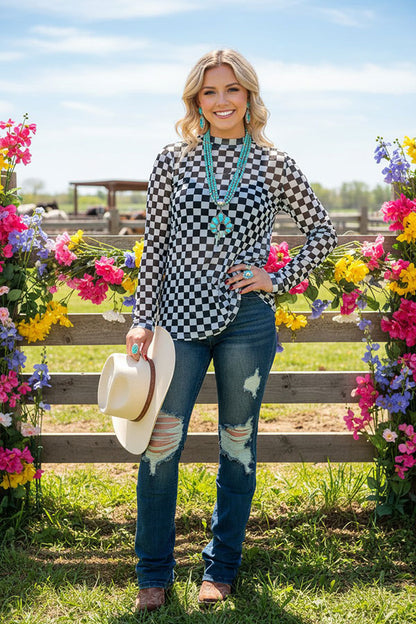 Southern Stitch Checkered print long sleeve sheer women top XCH17036
