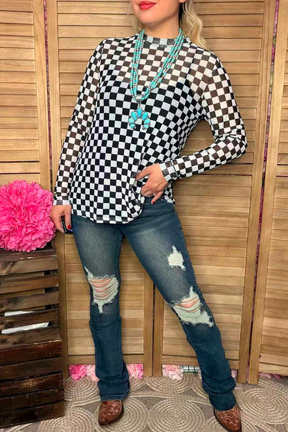 Southern Stitch Checkered print long sleeve sheer women top XCH17036