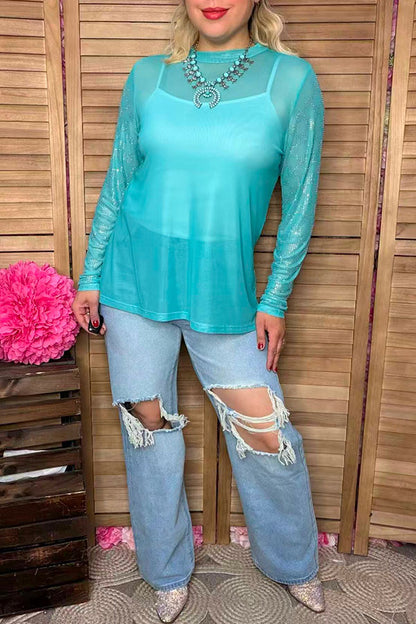 Southern Stitch Rhinestone checkered turquoise sheer women top XCH17068