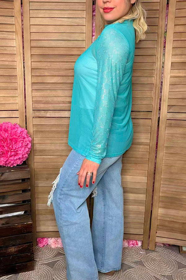 Southern Stitch Rhinestone checkered turquoise sheer women top XCH17068