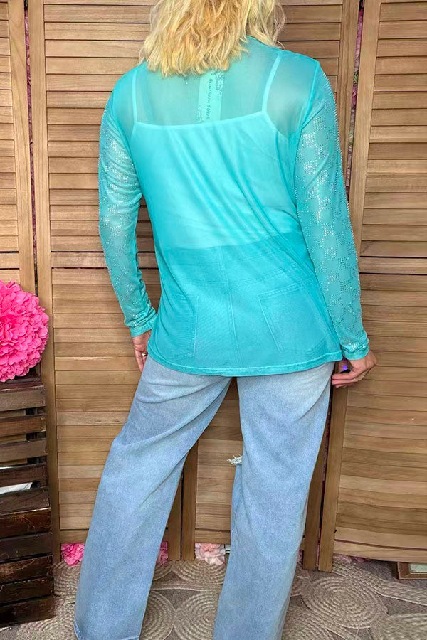 Southern Stitch Rhinestone checkered turquoise sheer women top XCH17068