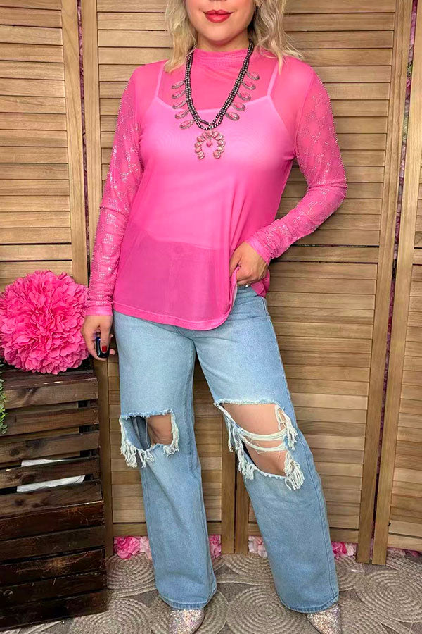 Southern Stitch Rhinestone checkered long sleeve hot pink mesh women top XCH17066