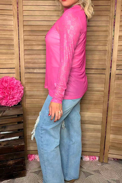 Southern Stitch Rhinestone checkered long sleeve hot pink mesh women top XCH17066