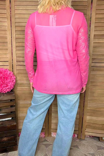 Southern Stitch Rhinestone checkered long sleeve hot pink mesh women top XCH17066
