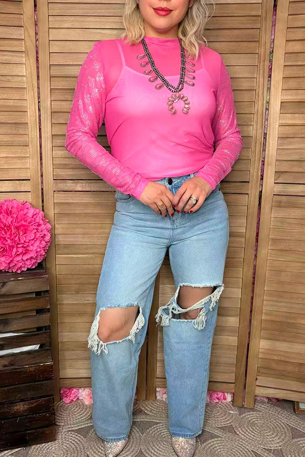 Southern Stitch Rhinestone checkered long sleeve hot pink mesh women top XCH17066