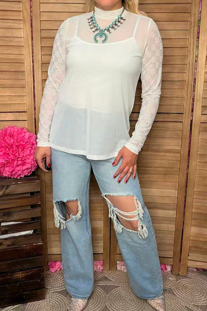 Southern Stitch rhinestone checkered long sleeve white mesh women top XCH17069