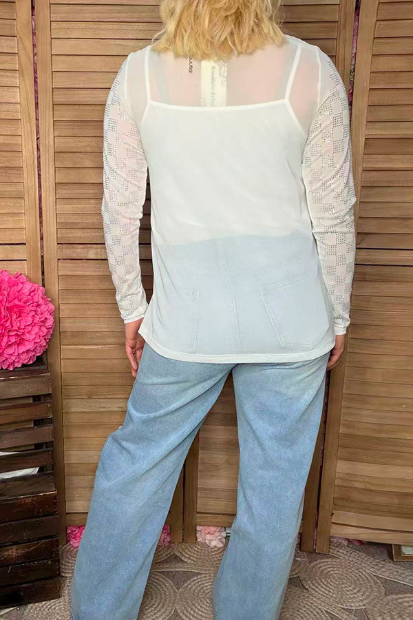Southern Stitch rhinestone checkered long sleeve white mesh women top XCH17069