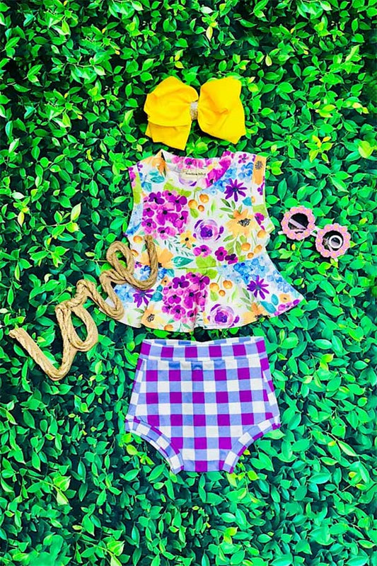 Purple floral & checkers 2pc sleeveless baby set XCH0999-7H