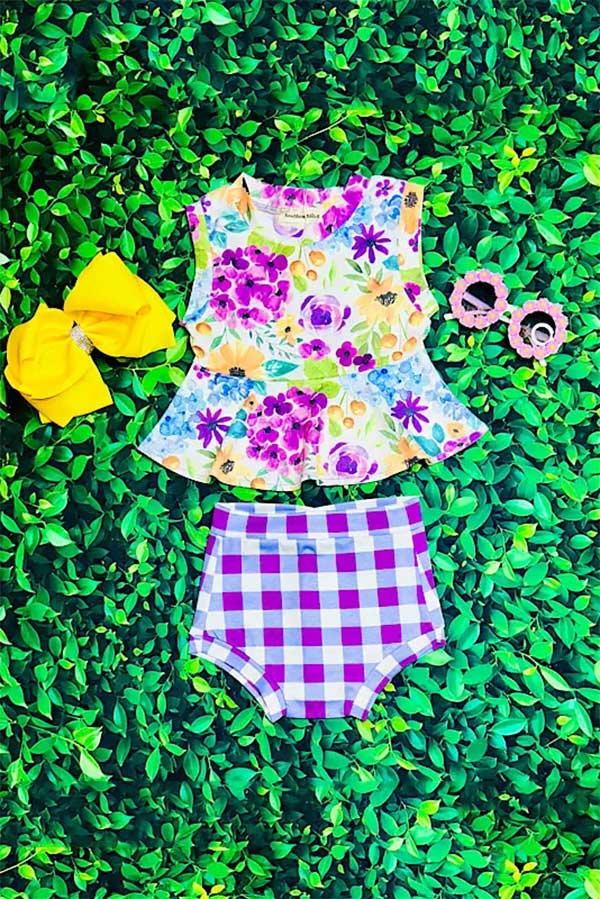 Purple floral & checkers 2pc sleeveless baby set XCH0999-7H