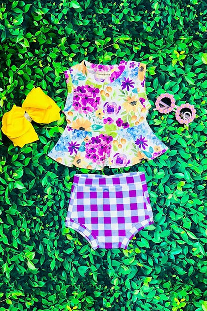 Purple floral & checkers 2pc sleeveless baby set XCH0999-7H