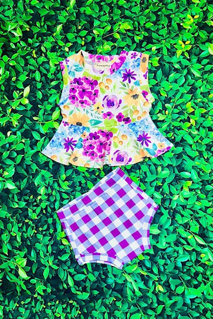 Purple floral & checkers 2pc sleeveless baby set XCH0999-7H