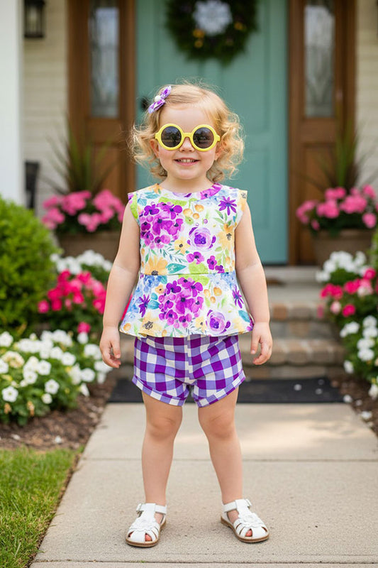 Purple floral & checkers 2pc sleeveless baby set XCH0999-7H