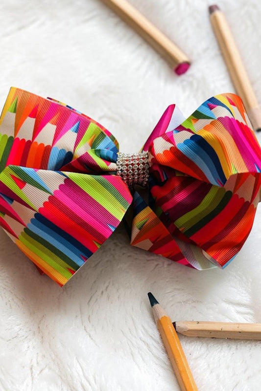 Chic double layer rehinestone 7.5" crayons print boutique girls hairbow $12 for 12pc