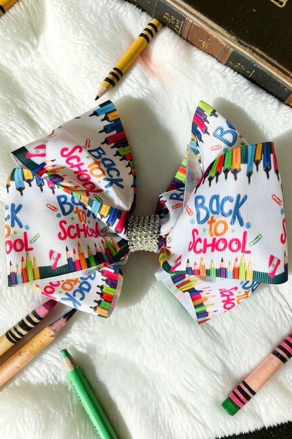 Chic double layer rehinestone 7.5" back to school  print boutique girls hairbow $12 for 12pc