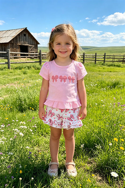 Cute pink bow patch short sleeve top & shorts 2pc girls set 2601058M