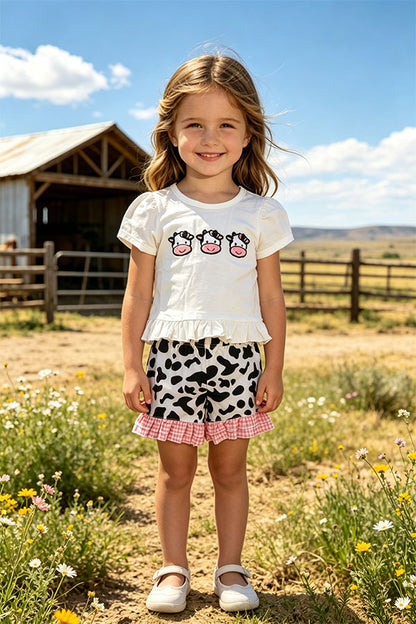 Cow patch white short sleeve top & cow shorts 2pc girls set 2601059M