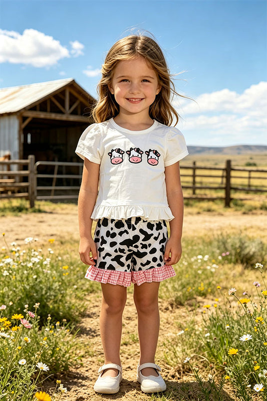 Cow patch white short sleeve top & cow shorts 2pc girls set 2601059M