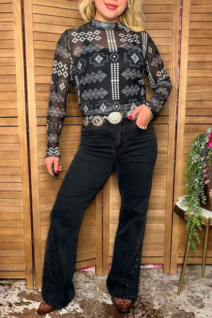 Western chic aztec printed sheer long sleeve women botuique top Southern Stitch GJQ17238